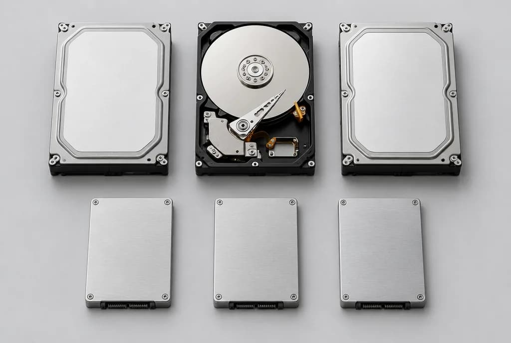 Sechs ausgebaute Datenträger auf hellgrauem Studiohintergrund: drei 3,5-Zoll-Server-Festplatten, eine davon geöffnet mit sichtbarer Magnetscheibe, darunter drei 2,5-Zoll-SSDs.