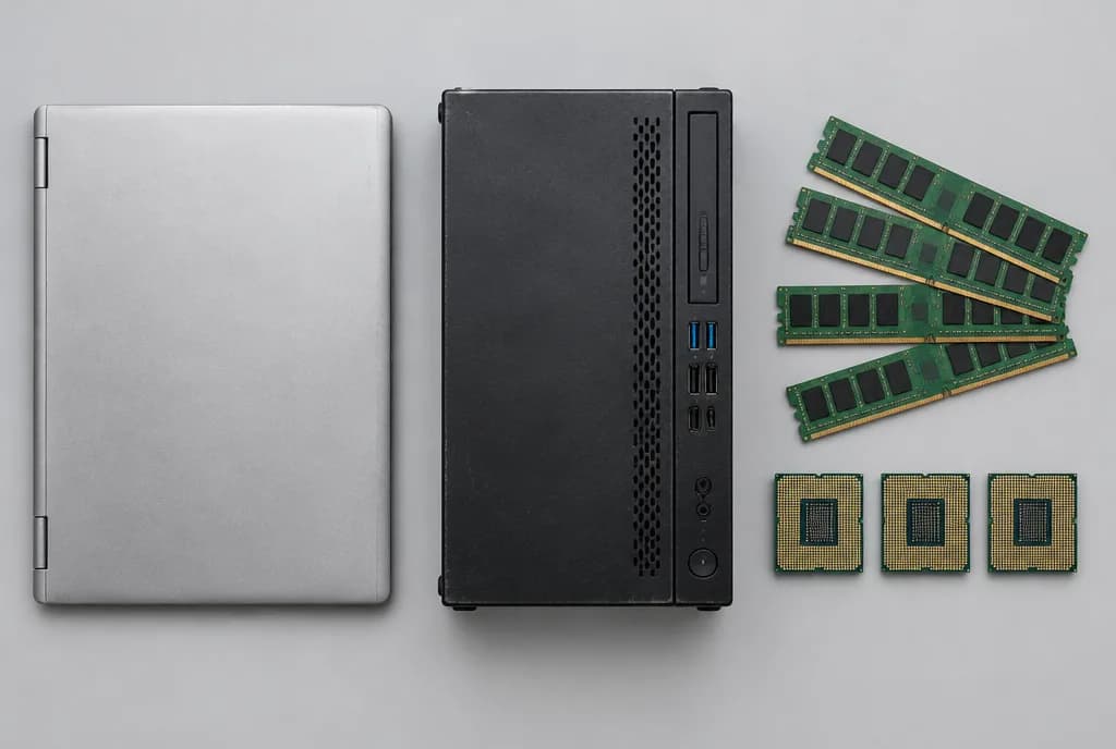Ausgemusterte Büro-IT auf hellgrauem Studiohintergrund: Notebook, kompakter Desktop-PC, vier Server-Speichermodule und drei Prozessoren nebeneinander.