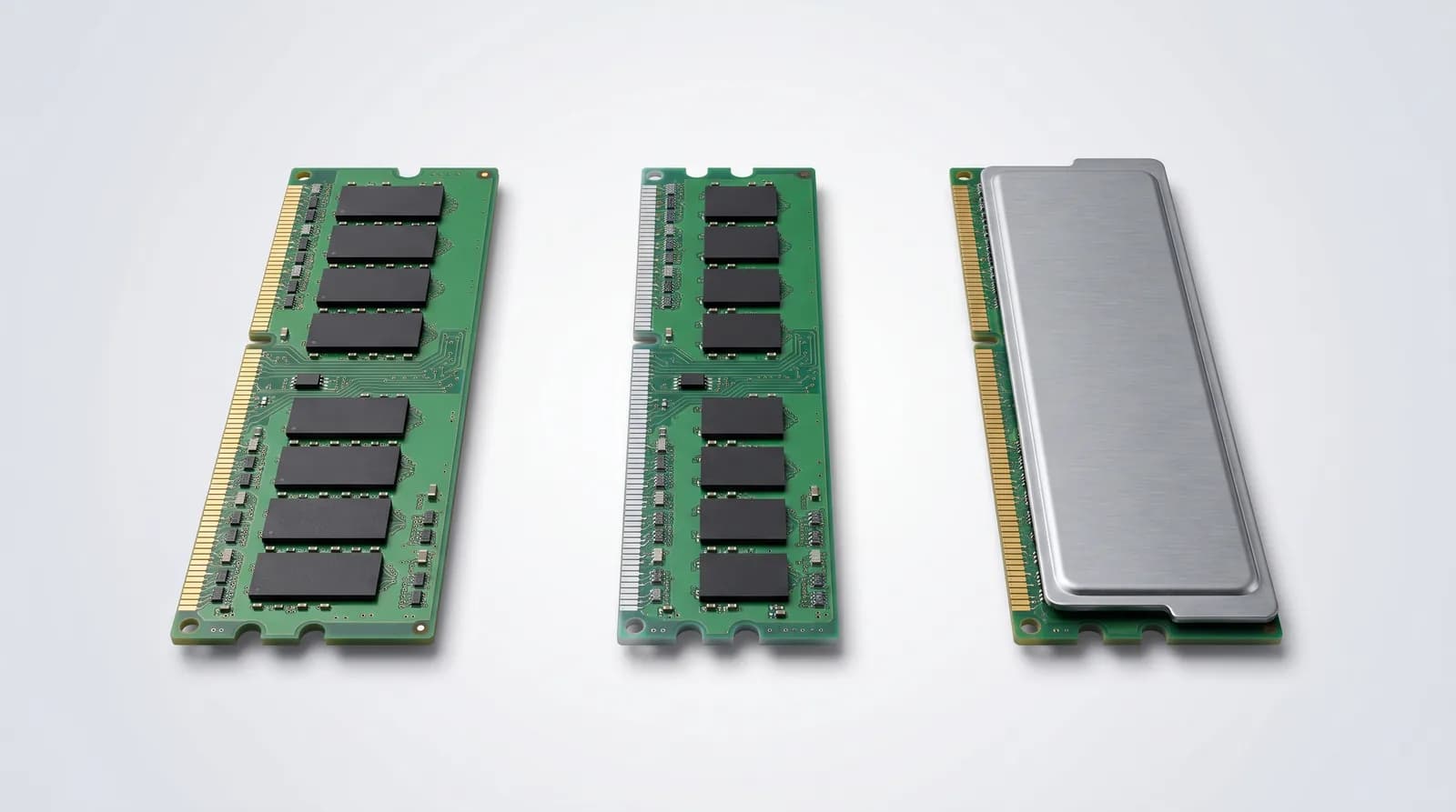 Drei DDR-RAM-Module nebeneinander: links mit Goldkante, in der Mitte mit Silberkante, rechts mit Aluminium-Heatspreader und Goldkante.