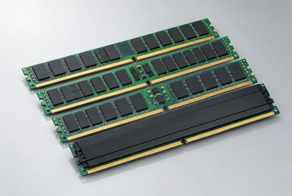 Mehrere ECC-RDIMM-Server-Speichermodule gefächert auf hellgrauem Studiohintergrund.
